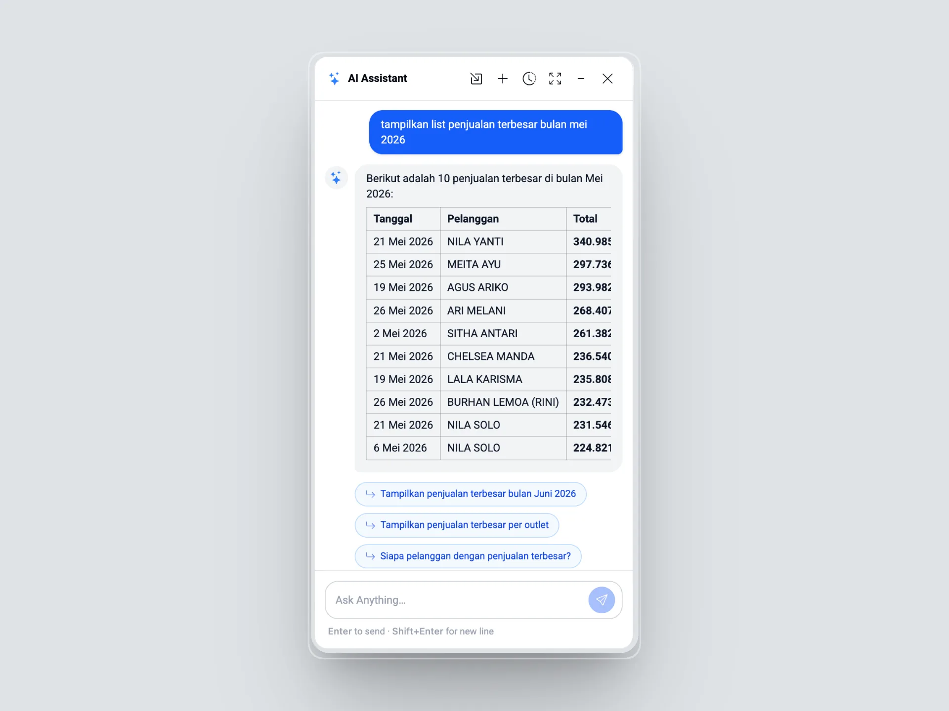 AI Chat Assistant menjawab pertanyaan tentang data penjualan